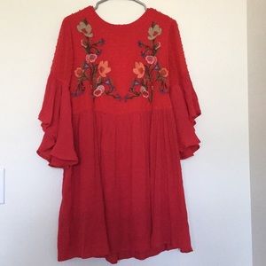 Umgee Red Dress with Floral Embroidery